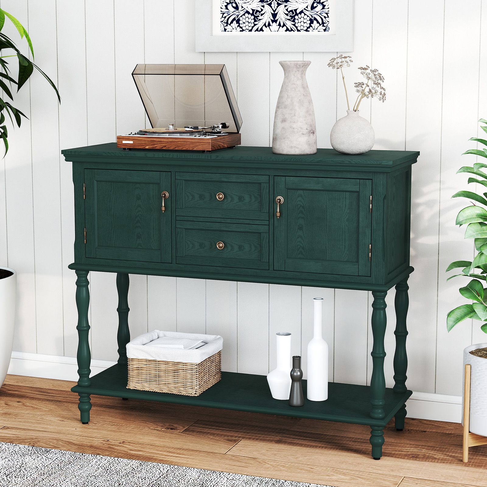 Retro Console Table With Storage And Drawers For Living Room Green_voghion.com